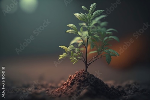 Small plant growing in soil with bokeh background, Ecology concept. Generative AI