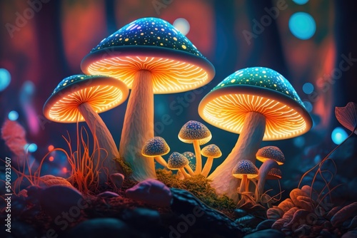 Magic mushrooms in the forest. Generative AI