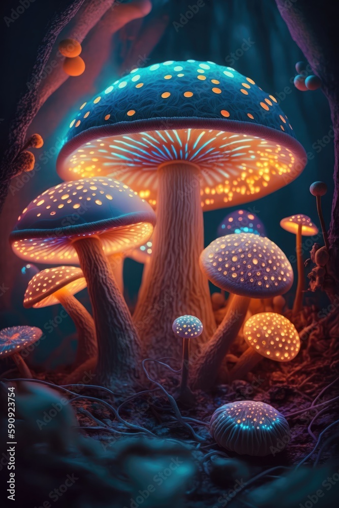 Mushrooms in the fantasy forest. Generative AI