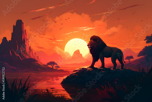 The Giant Lion King in the Beautiful Landscape. Generative AI