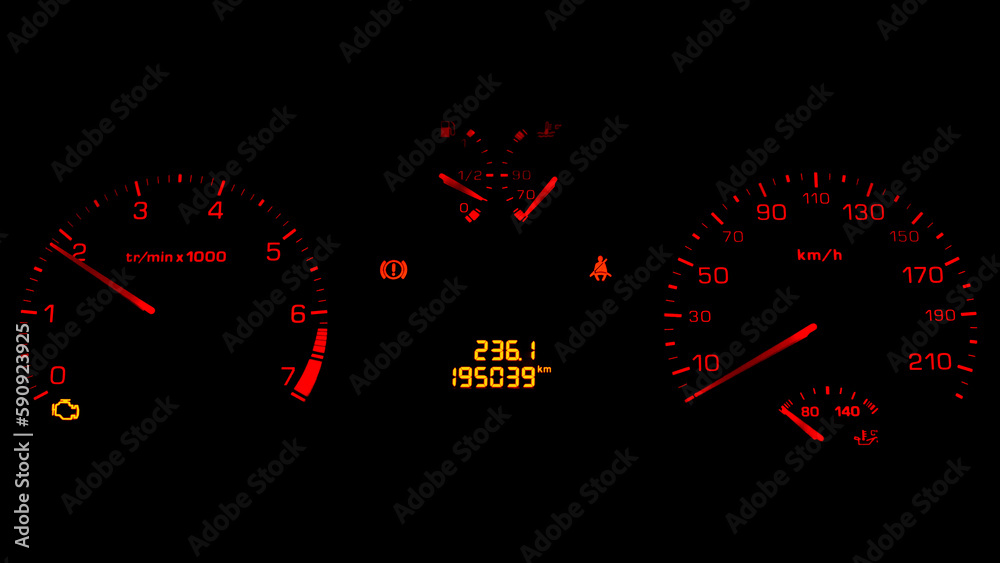 Backlit car control panel showing automotive meters. Speed meter. Torque meter. Fuel level. Mileage. Temperature meter Backlit car control panel showing automotive meters. Speed meter. Torque meter. Fuel level. Mileage. Temperature meter