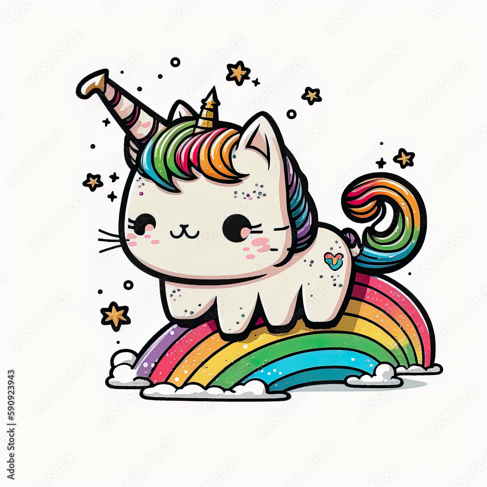 Cat as rainbow unicorn, cartoon chibi style, AI generative illustration