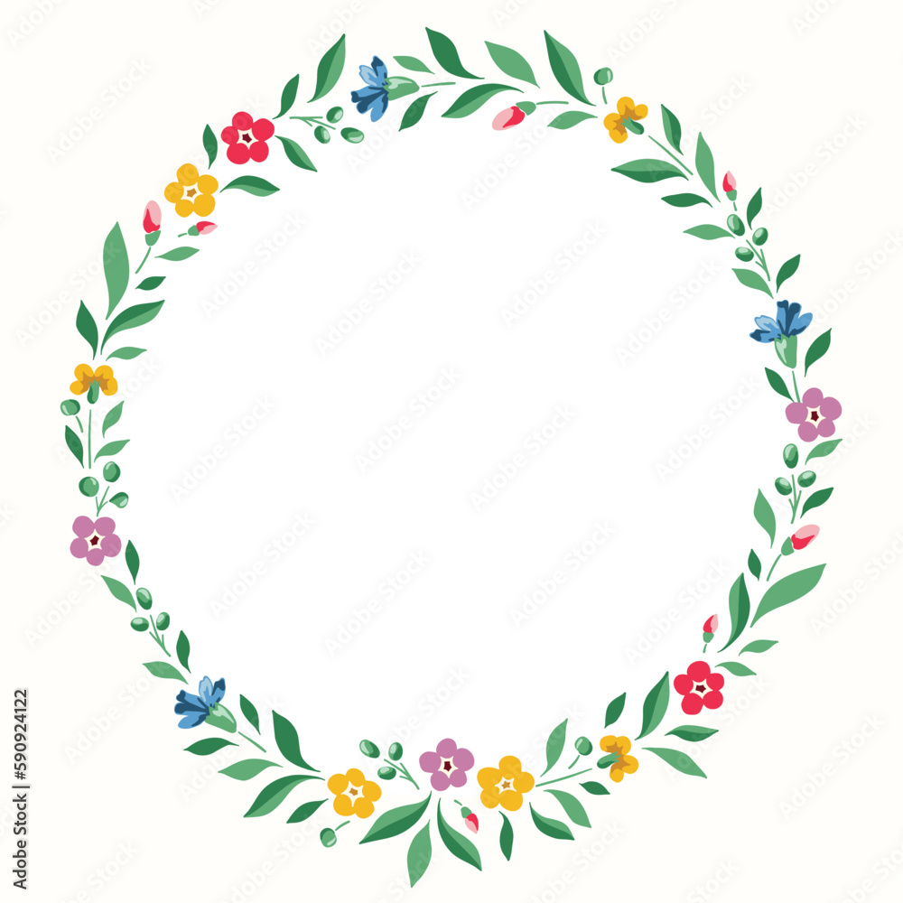 Bright Chintz Romantic Meadow Wildflowers Vector Round Frame. Cottagecore Garden Flowers and Foliage Wedding Invitation. Homestead Bouquet. Farmhouse Background