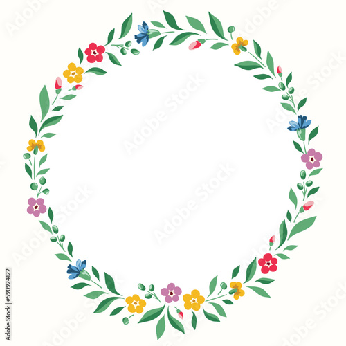 Bright Chintz Romantic Meadow Wildflowers Vector Round Frame. Cottagecore Garden Flowers and Foliage Wedding Invitation. Homestead Bouquet. Farmhouse Background