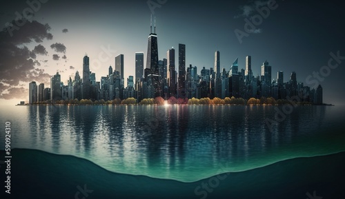 The view of city skyline across water with reflection  in the evening, AI generative