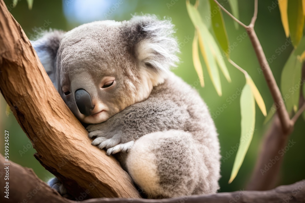 Fototapeta premium A Baby Koala Bear Sleeps on a Tree Branch in Nature - Generative AI 