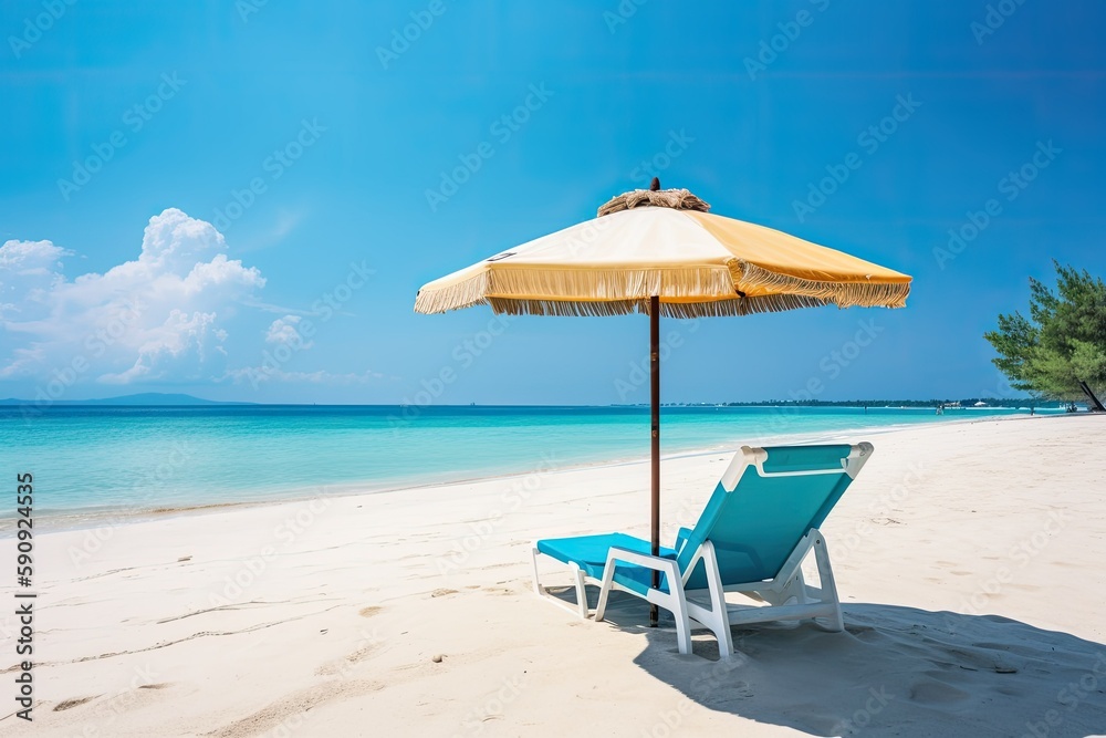 Turquoise Beach Chair and Umbrella on a Beach With Calm, Clear Sea Water in Summer - Generative AI
