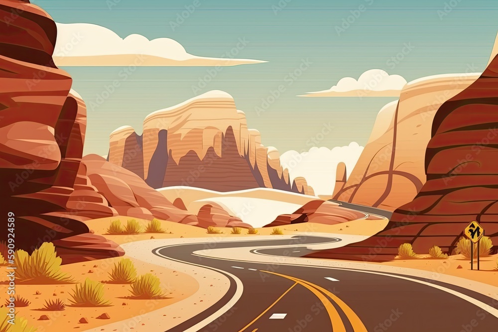 desert road with majestic mountain range in the distance. Generative AI