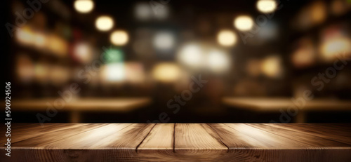 Empty wooden table top for product display with blur luxury bar. generative AI