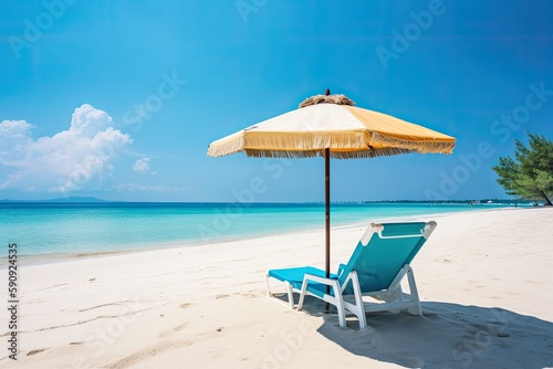 Turquoise Beach Chair and Umbrella on a Beach With Calm  Clear Sea Water in Summer - Generative AI 