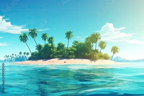 A Beautiful Tropical Island With Palm Trees and Beaches With Turquoise Sea Water in Summer - Generative AI  © RenZen