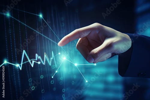 Businessman’s Hand Points at a Blue Hologram of Growth Marketing Graph Chart Diagram for Business Success - Generative AI 