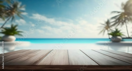 Empty wooden table top for product display with blur luxury background of sea and sky and palm trees. generative AI