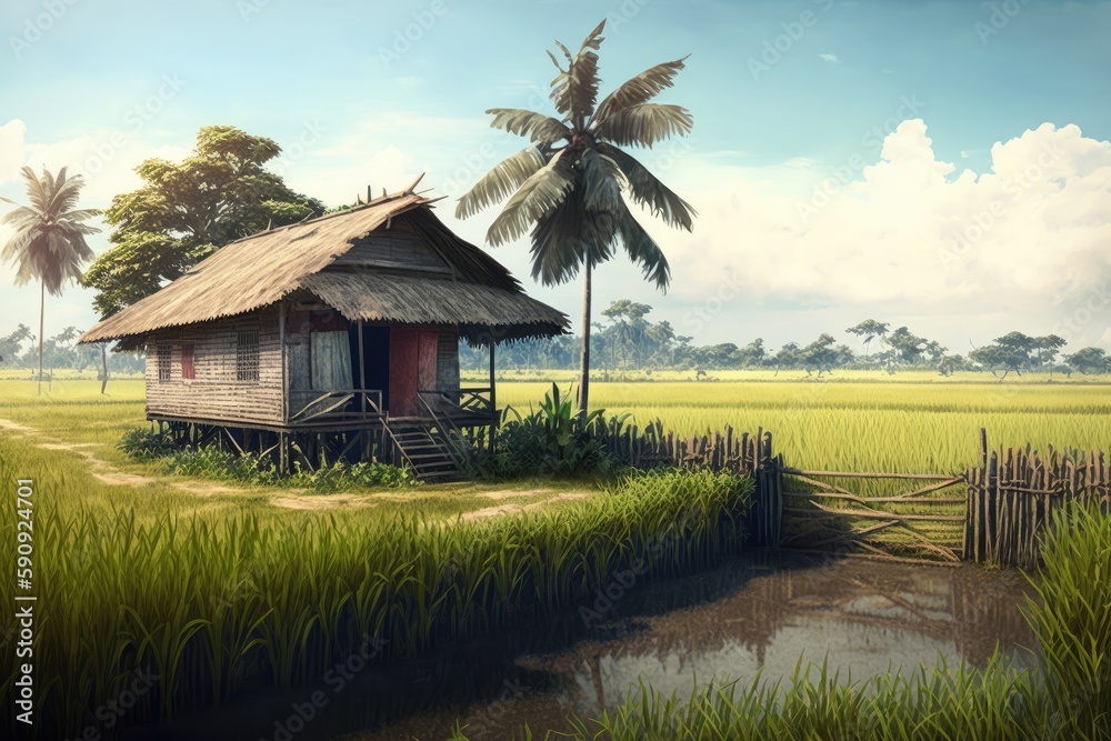 Relaxing Nipa Hut in the Center of a Rice Field With Coconut Trees ...