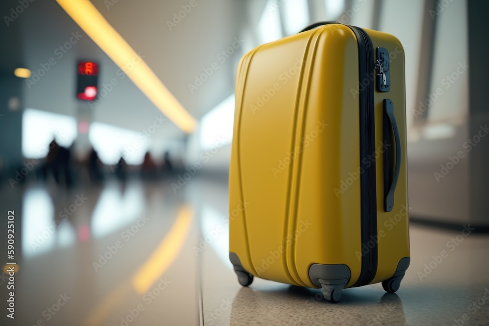 Yellow travel suitcase in airport terminal. Travel concept. Generative AI Yellow travel suitcase in airport terminal. Travel concept. Generative AI