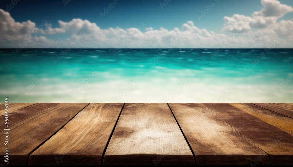 Empty wooden table top for product display with blur luxury background of sea and sky . generative AI