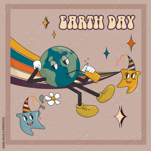 Set of vintage groovy characters and elements for poster of sticker design. Retro character, hippie 70s style, psychedelic mushroom, flowers, planet earth. Vintage vector set