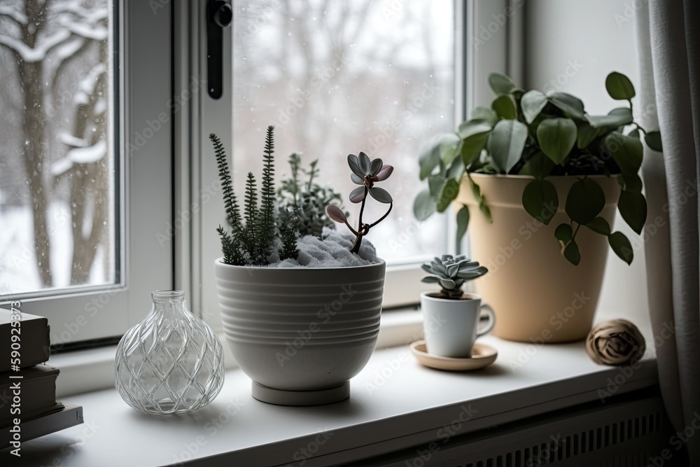 green potted plant sitting on a windowsill with sunlight shining in. Generative AI