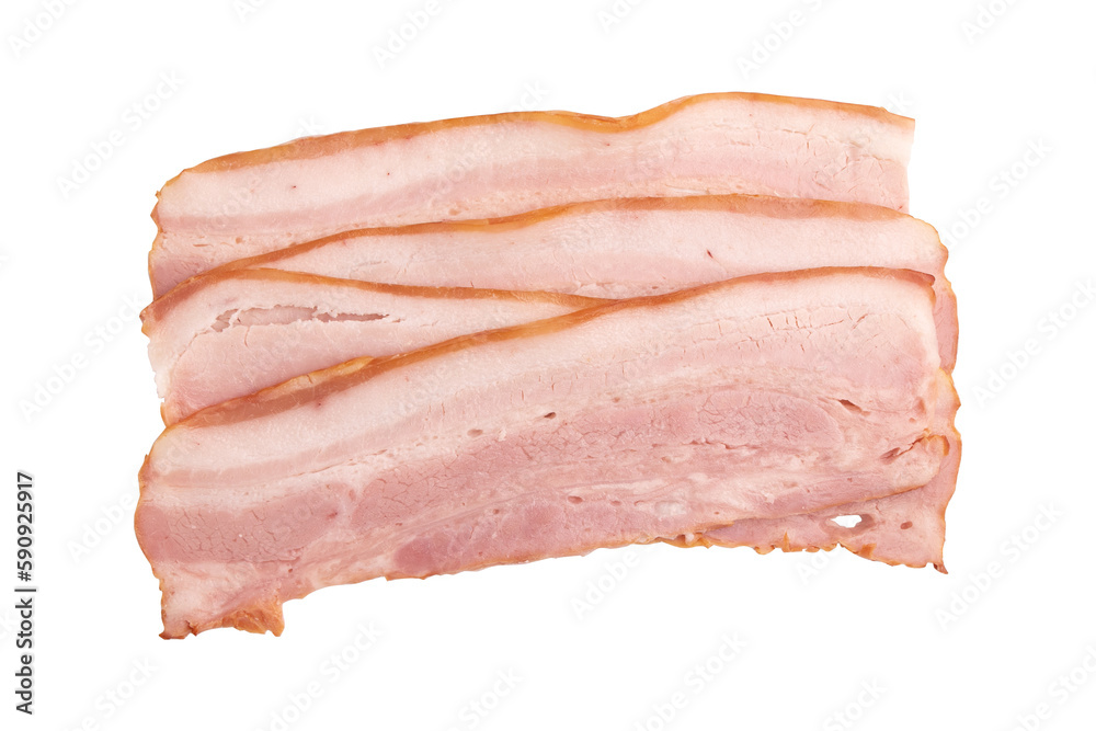 raw smoked bacon isolated, streaky brisket slices, fresh thin sliced bacon on white background