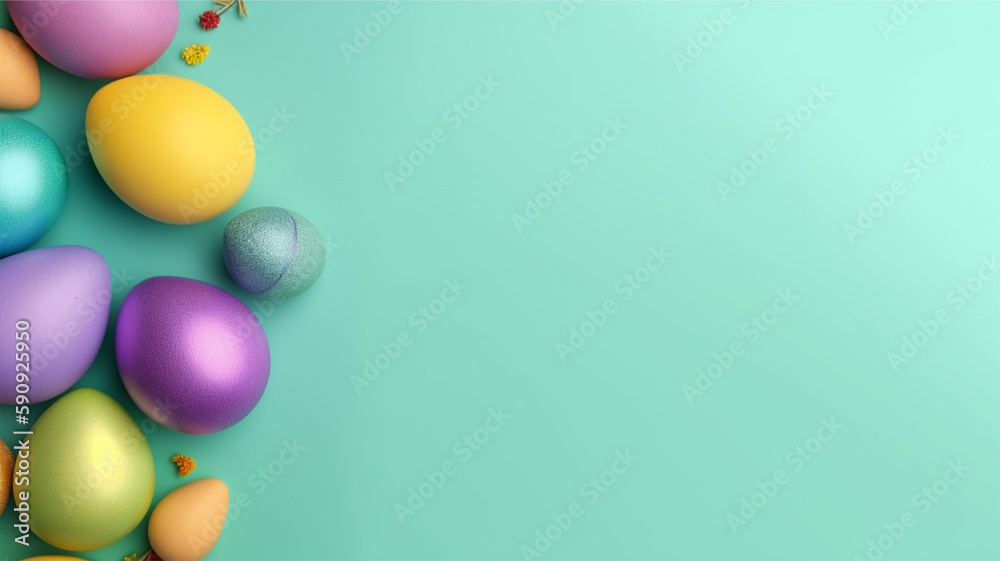 green background with copy space. easter day concept, colorful egg decoration, generative ai