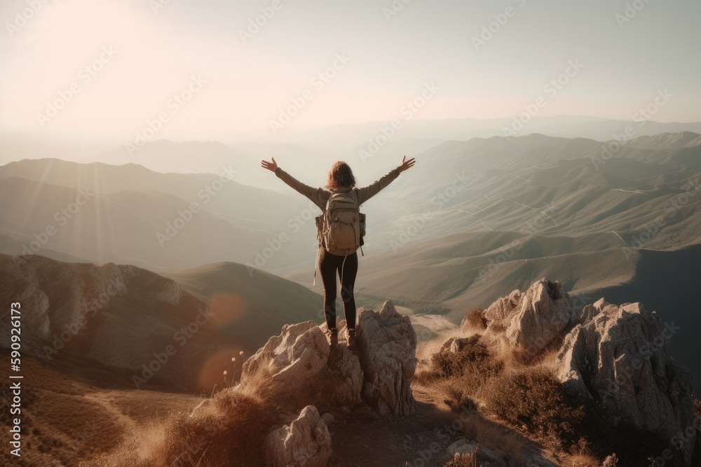 Back view of hipster millennial young woman on top of mountain summit at sunset raises arms into air happy  Generative AI