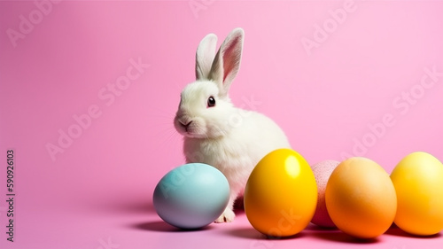 pink background with copy space, easter day concept, bunny and egg decoration, generative ai