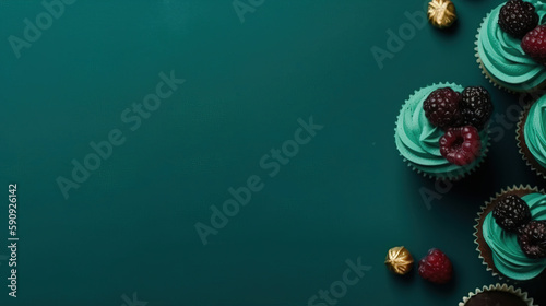 minimalistic background with cupcakes, sweets, fruits, top view, copy space, mock up