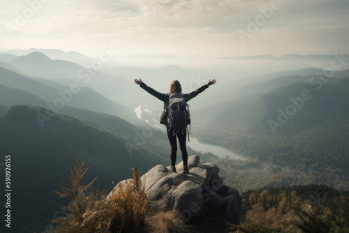 Back view of hipster millennial young woman on top of mountain summit at sunset raises arms into air happy  Generative AI © ChaoticMind