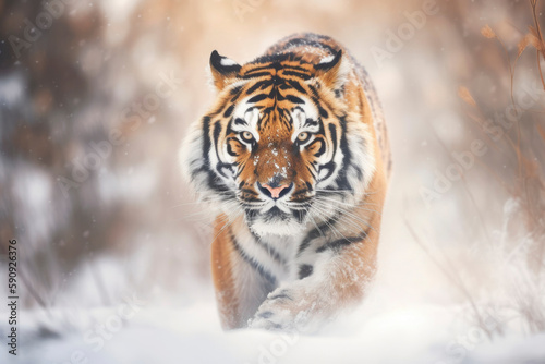 Tiger in Wild Running in Snow Winter. AI generative