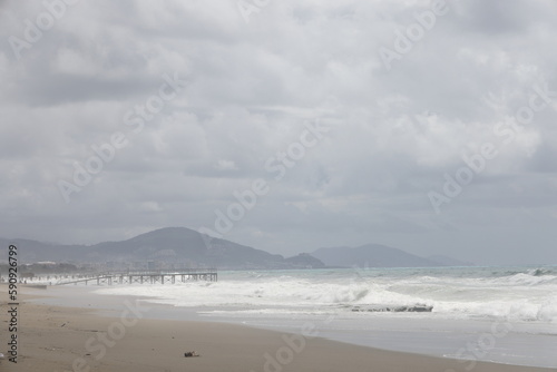 Storm on the beach on a cloudy day, minimalism, Alanya, Turkey, April 2023.
