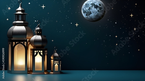 Ramadan kareem islamic greeting background, Eid mubarak greeting lantern background, Generative Ai