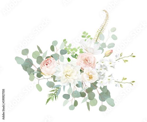 Pale pink and dusty rose, white dahlia, orchid, magnolia, nude pink ranunculus, eucalyptus vector design bouquet