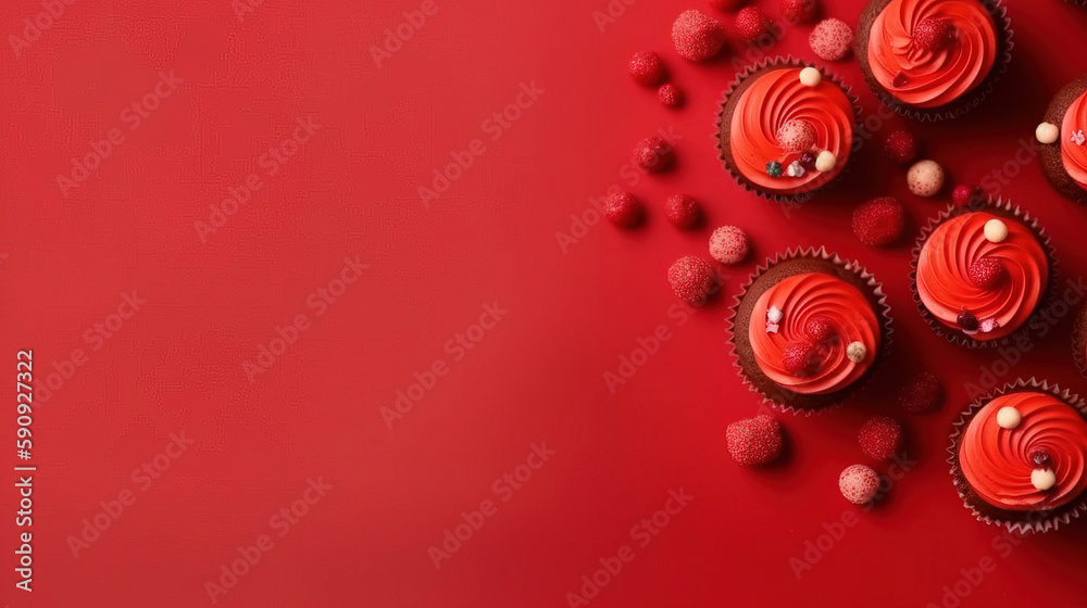 minimalistic background with cupcakes, sweets, fruits, top view, copy space, mock up minimalistic background with cupcakes, sweets, fruits, top view, copy space, mock up
