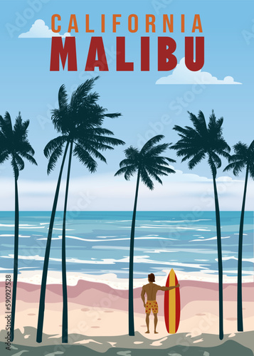 California Malibu Beach retro travel poster vector