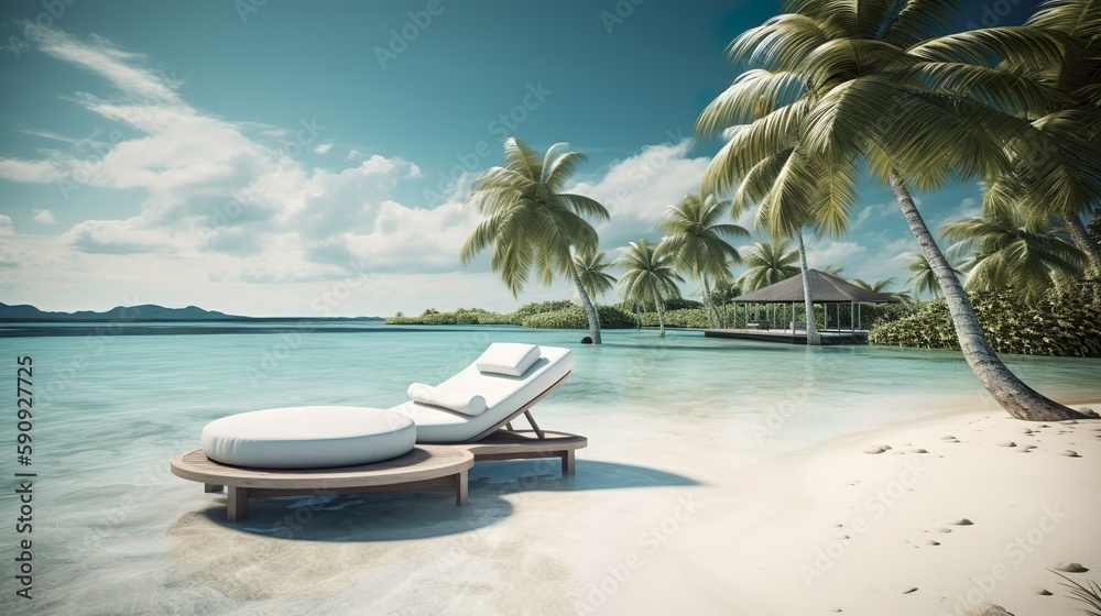Caribbean dream and pure luxury: Unique resort and exquisite ambience for an unforgettable vacation. Relaxing on the beach between palm trees and the ocean. - Generative AI Caribbean dream and pure luxury: Unique resort and exquisite ambience for an unforgettable vacation. Relaxing on the beach between palm trees and the ocean. - Generative AI