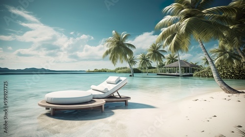 Caribbean dream and pure luxury  Unique resort and exquisite ambience for an unforgettable vacation. Relaxing on the beach between palm trees and the ocean. - Generative AI