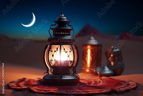 A lantern in the arab desert with a crescent moon in the evening sky.