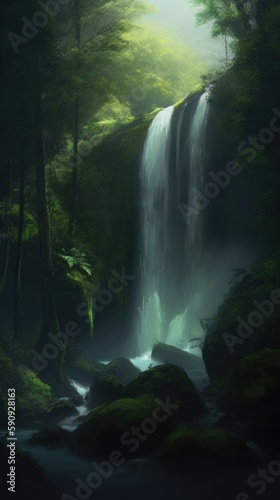 Waterfall is flowing in a green forest  in the style of mystical realms  fleeting light contrasts. Generative AI