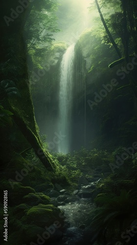 Waterfall is flowing in a green forest, in the style of mystical realms, fleeting light contrasts. Generative AI
