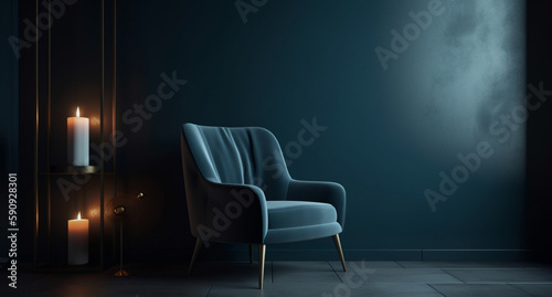 Elegant living room, blue armchair. Generative AI 3D render home interior design