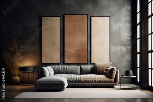 Elegant living room, couch and vertical triptych frame mockup. Generative AI 3D render home interior design