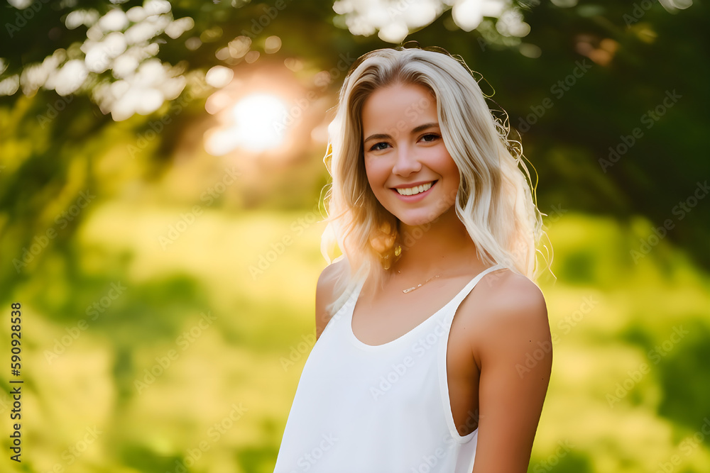 Beautiful blonde woman portait outdoors in nature. Sunset during golden hour, young woman wearing white clothes and smiling to the camera. AI-generated Beautiful blonde woman portait outdoors in nature. Sunset during golden hour, young woman wearing white clothes and smiling to the camera. AI-generated