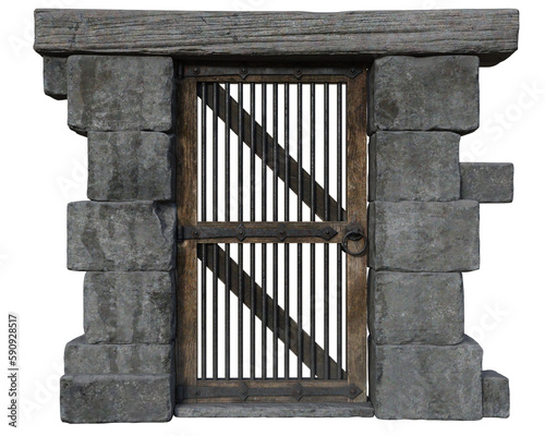 Reinforced door in stone frame with metal bars on transparent background.