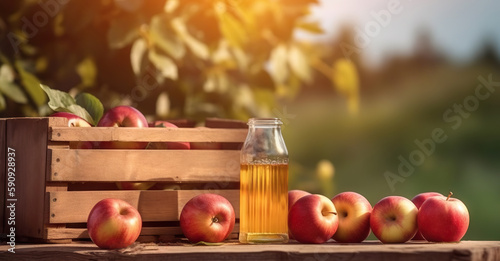 Wooden box of delicious ripe apples and bottle of apple juice on apple garden background in summer. Copy space. Based on Generative AI
