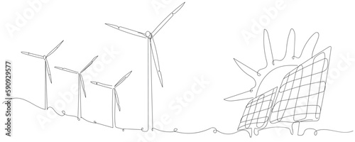 Drawn solar panels and windmills on white background