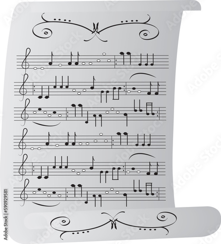 Creative of piano with music notes and musical note. Vector illustration gray parchment with hand drawn music notes. Object isolated, background.