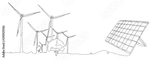 Drawn solar panel and windmills on white background