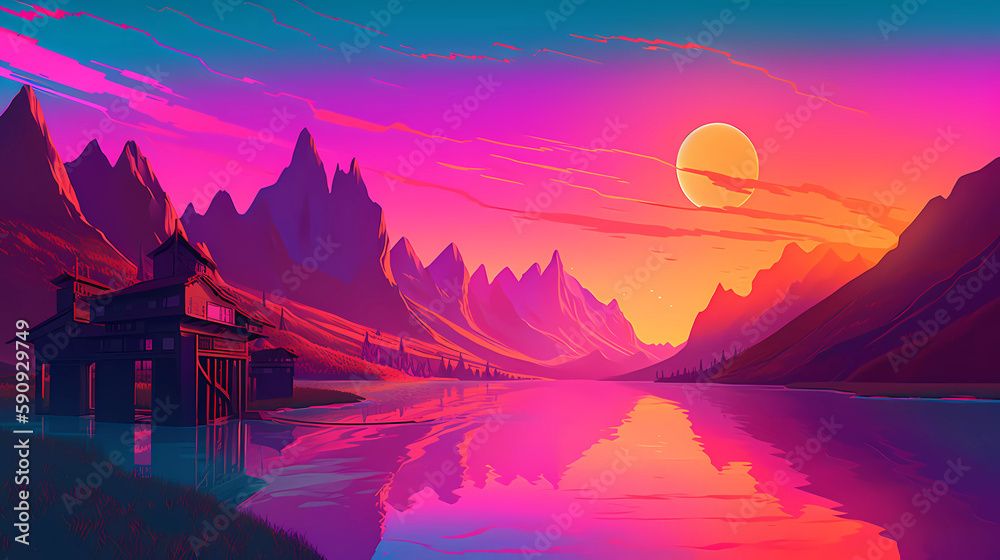 Vaporwave lansdcape artwork illustration , ai Vaporwave lansdcape artwork illustration , ai
