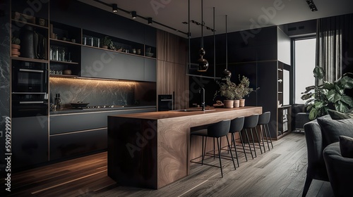 Elegant kitchen: In the luxury kitchen you will find exclusive and high-quality kitchen appliances, the finest materials combined with an elegant design. High-end design of elegance.- Generative AI