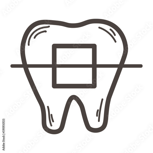 Tooth with dental braces on white background